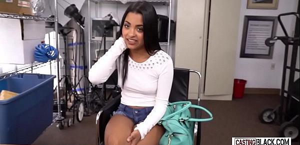  This small tits latina is sucking a huge black cock at a fake casting.